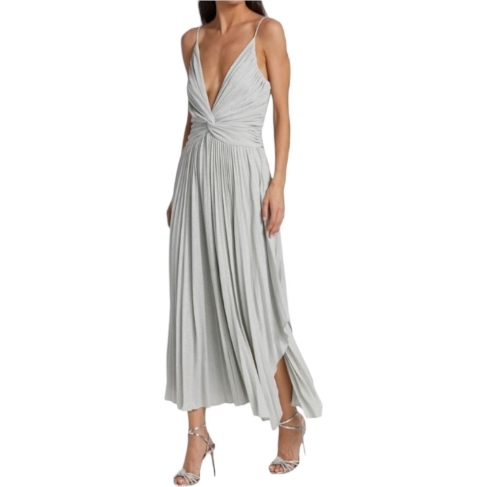 Halston Jody Pleated Midi Dress In Silver, Size 6, Nwt